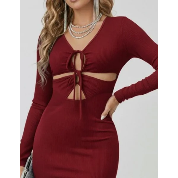 Kadın Uzun Kollu Göğüs Ve Göbek Dekolte Detay Sandy Midi Boy Elbise