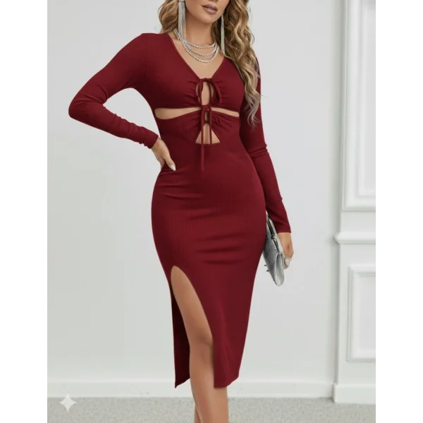 Kadın Uzun Kollu Göğüs Ve Göbek Dekolte Detay Sandy Midi Boy Elbise