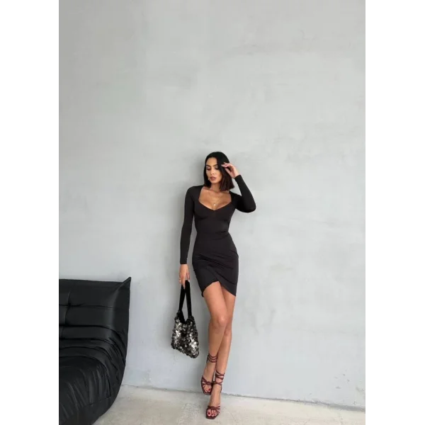 Kadın Uzun Kollu Göğüs Ve ırt Dekolteli Kruvaze Etek Detay Fırsat ürün ini Elbise