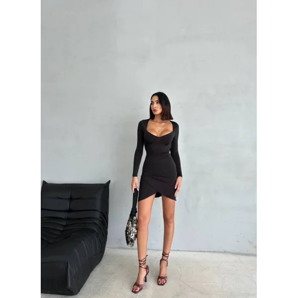 Kadın Uzun Kollu Göğüs Ve ırt Dekolteli Kruvaze Etek Detay Fırsat ürün ini Elbise