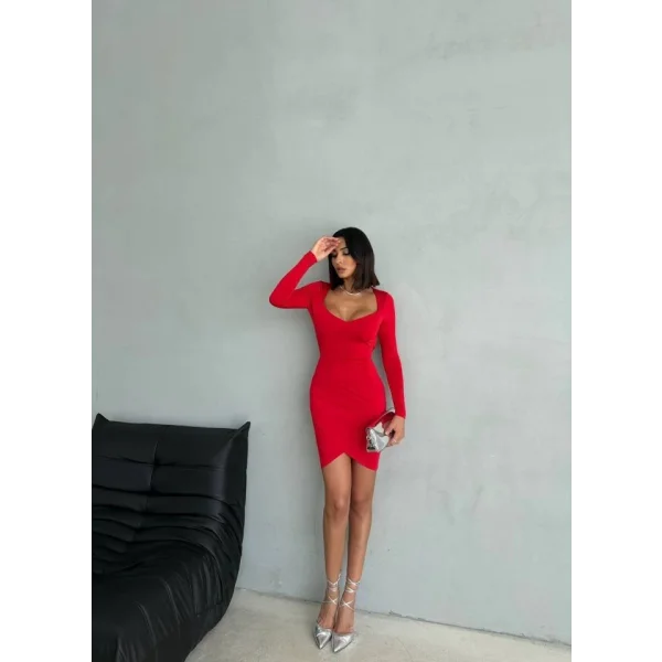 Kadın Uzun Kollu Göğüs Ve ırt Dekolteli Kruvaze Etek Detay Fırsat ürün ini Elbise