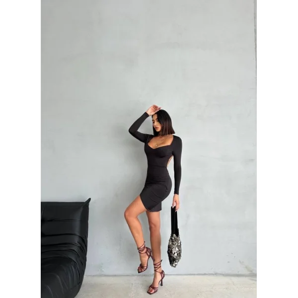 Kadın Uzun Kollu Göğüs Ve ırt Dekolteli Kruvaze Etek Detay Fırsat ürün ini Elbise