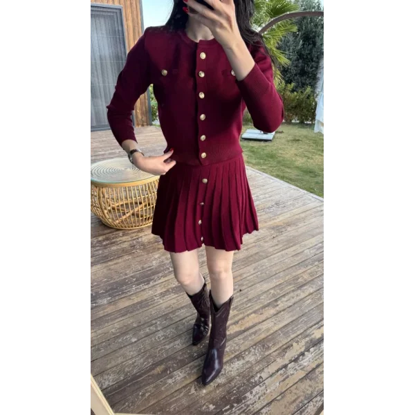 Kadın Uzun Kollu Gold Düğme Detay Yelek Ve Pileli Mini Etek Ikili Takım