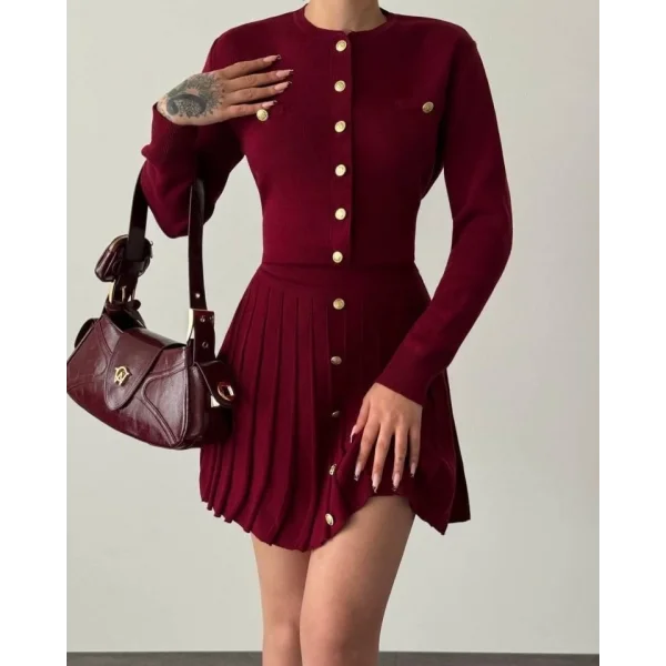 Kadın Uzun Kollu Gold Düğme Detay Yelek Ve Pileli Mini Etek Ikili Takım