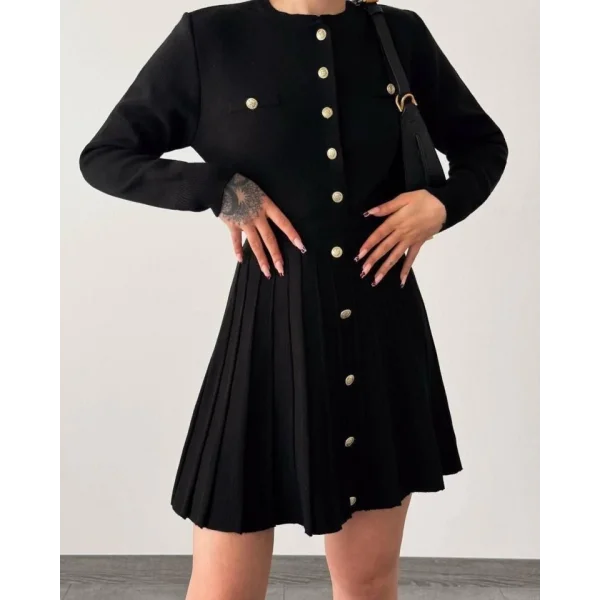 Kadın Uzun Kollu Gold Düğme Detay Yelek Ve Pileli Mini Etek Ikili Takım