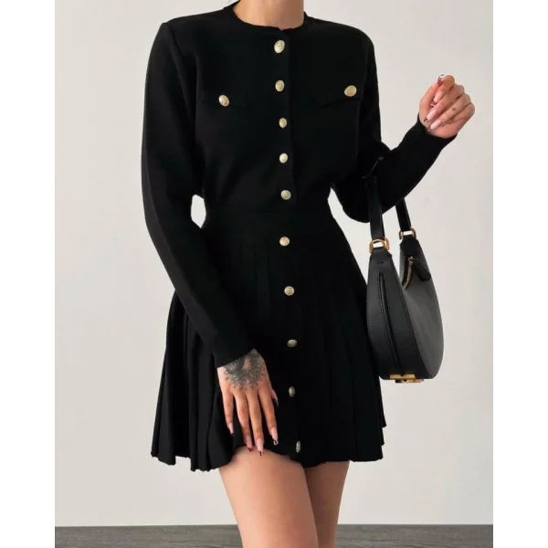 Kadın Uzun Kollu Gold Düğme Detay Yelek Ve Pileli Mini Etek Ikili Takım