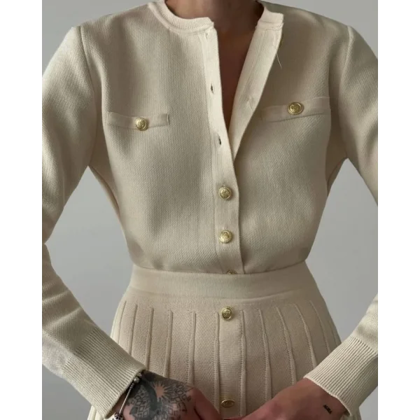 Kadın Uzun Kollu Gold Düğme Detay Yelek Ve Pileli Mini Etek Ikili Takım