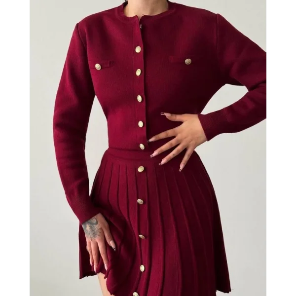 Kadın Uzun Kollu Gold Düğme Detay Yelek Ve Pileli Mini Etek Ikili Takım