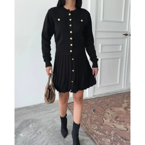 Kadın Uzun Kollu Gold Düğme Detay Yelek Ve Pileli Mini Etek Ikili Takım