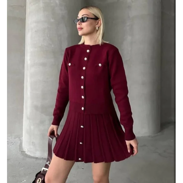 Kadın Uzun Kollu Gold Düğme Detay Yelek Ve Pileli Mini Etek Ikili Takım