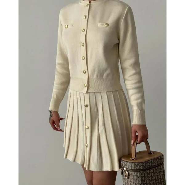 Kadın Uzun Kollu Gold Düğme Detay Yelek Ve Pileli Mini Etek Ikili Takım