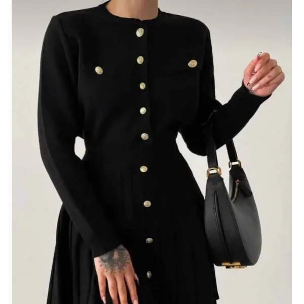 Kadın Uzun Kollu Gold Düğme Detay Yelek Ve Pileli Mini Etek Ikili Takım