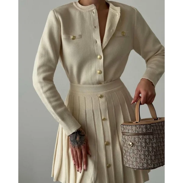 Kadın Uzun Kollu Gold Düğme Detay Yelek Ve Pileli Mini Etek Ikili Takım