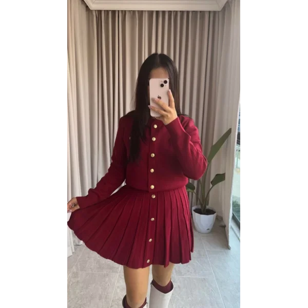 Kadın Uzun Kollu Gold Düğme Detay Yelek Ve Pileli Mini Etek Ikili Takım