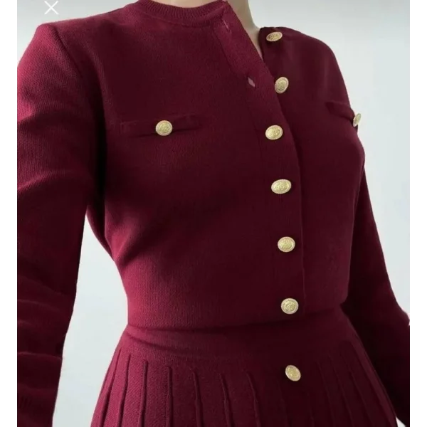 Kadın Uzun Kollu Gold Düğme Detay Yelek Ve Pileli Mini Etek Ikili Takım