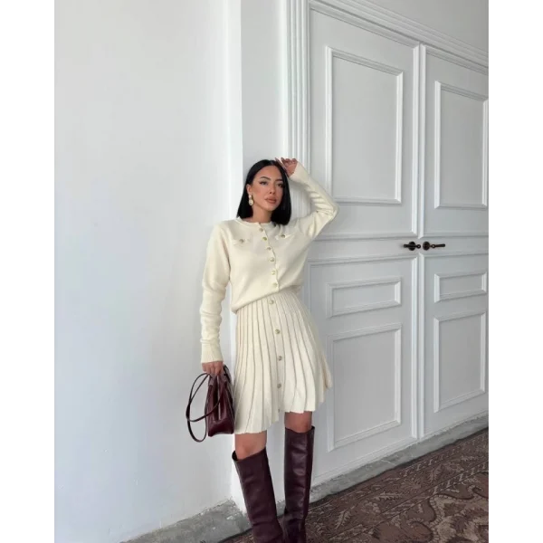 Kadın Uzun Kollu Gold Düğme Detay Yelek Ve Pileli Mini Etek Ikili Takım