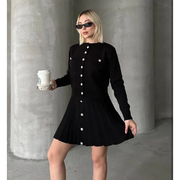 Kadın Uzun Kollu Gold Düğme Detay Yelek Ve Pileli Mini Etek Ikili Takım