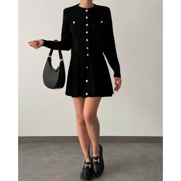 Kadın Uzun Kollu Gold Düğme Detay Yelek Ve Pileli Mini Etek Ikili Takım