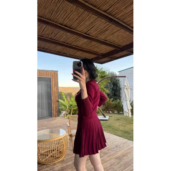 Kadın Uzun Kollu Gold Düğme Detay Yelek Ve Pileli Mini Etek Ikili Takım