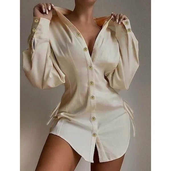 Kadın Uzun Kollu Gömlek Yaka önden Düğmeli Yanlardan Büzgülü Kısa Aerobin Elbise