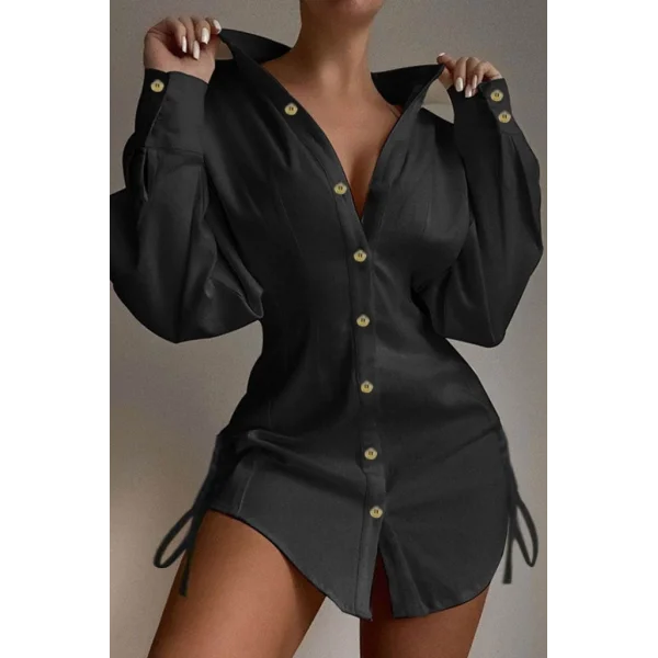 Kadın Uzun Kollu Gömlek Yaka önden Düğmeli Yanlardan Büzgülü Kısa Aerobin Elbise