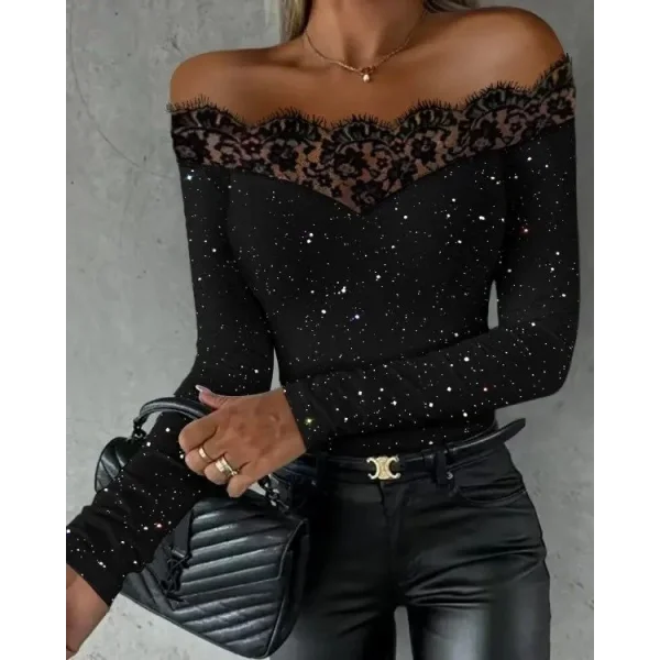 Kadın Uzun Kollu Güpürlü Madonna Yaka Taşlı Mikro Bluz