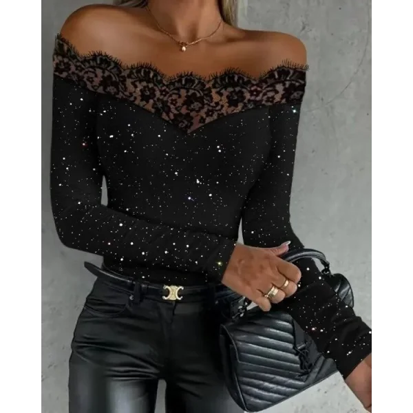Kadın Uzun Kollu Güpürlü Madonna Yaka Taşlı Mikro Bluz
