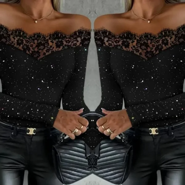 Kadın Uzun Kollu Güpürlü Madonna Yaka Taşlı Mikro Bluz