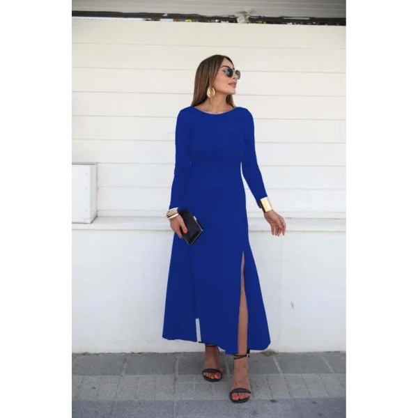 Kadın Uzun Kollu Hafif Kayık Yaka Sırt Dekolteli Yırtmaç Detaylı Viskon Tam Boy Elbise