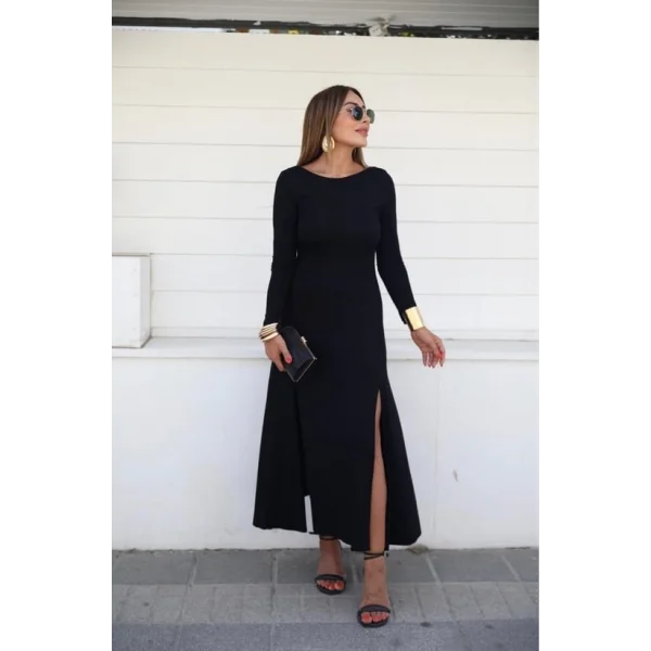 Kadın Uzun Kollu Hafif Kayık Yaka Sırt Dekolteli Yırtmaç Detaylı Viskon Tam Boy Elbise