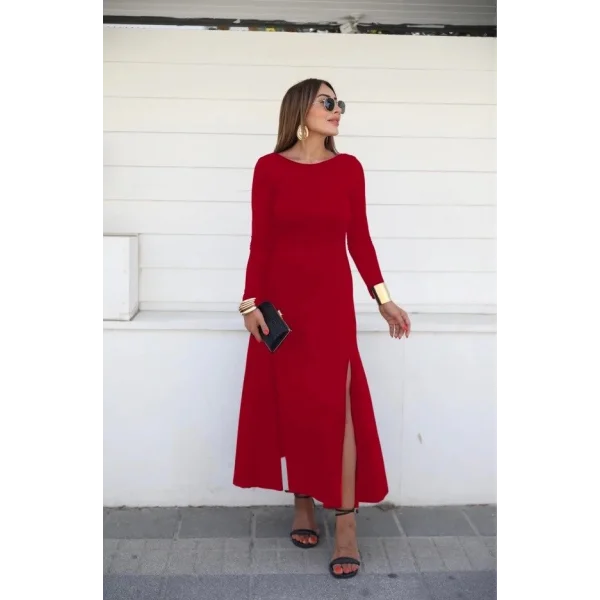 Kadın Uzun Kollu Hafif Kayık Yaka Sırt Dekolteli Yırtmaç Detaylı Viskon Tam Boy Elbise