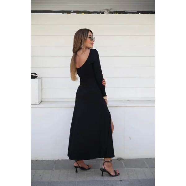 Kadın Uzun Kollu Hafif Kayık Yaka Sırt Dekolteli Yırtmaç Detaylı Viskon Tam Boy Elbise