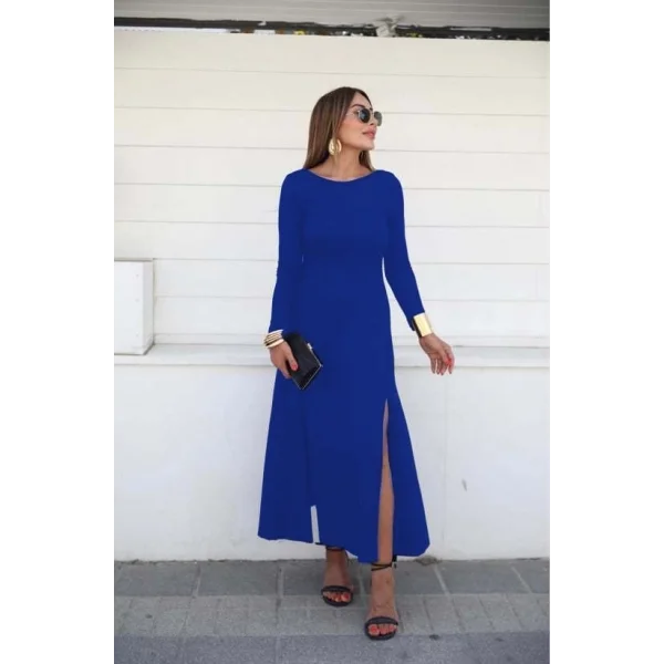 Kadın Uzun Kollu Hafif Kayık Yaka Sırt Dekolteli Yırtmaç Detaylı Viskon Tam Boy Elbise