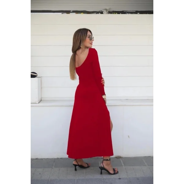 Kadın Uzun Kollu Hafif Kayık Yaka Sırt Dekolteli Yırtmaç Detaylı Viskon Tam Boy Elbise