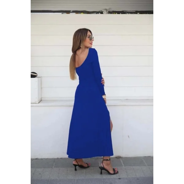 Kadın Uzun Kollu Hafif Kayık Yaka Sırt Dekolteli Yırtmaç Detaylı Viskon Tam Boy Elbise