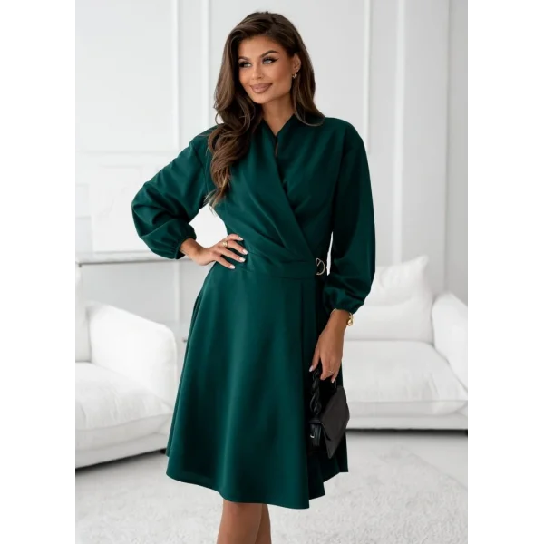 Kadın Uzun Kollu Hakim V Yakalı Yandan Toka Detaylı Ithal Mini Krep Elbise