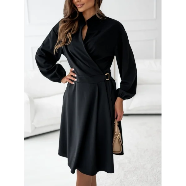 Kadın Uzun Kollu Hakim V Yakalı Yandan Toka Detaylı Ithal Mini Krep Elbise