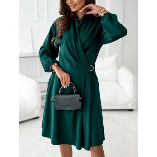 Kadın Uzun Kollu Hakim V Yakalı Yandan Toka Detaylı Ithal Mini Krep Elbise