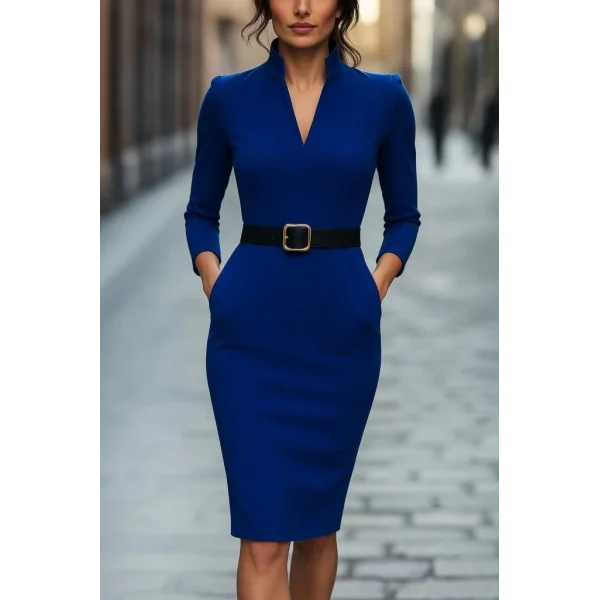 Kadın Uzun Kollu Hakim Yaka Beli Kemerli Cepli Midi Ithal Krep Elbise