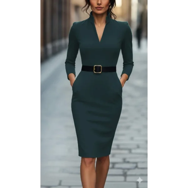 Kadın Uzun Kollu Hakim Yaka Beli Kemerli Cepli Midi Ithal Krep Elbise