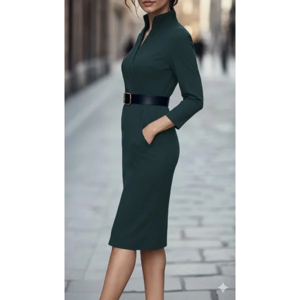 Kadın Uzun Kollu Hakim Yaka Beli Kemerli Cepli Midi Ithal Krep Elbise