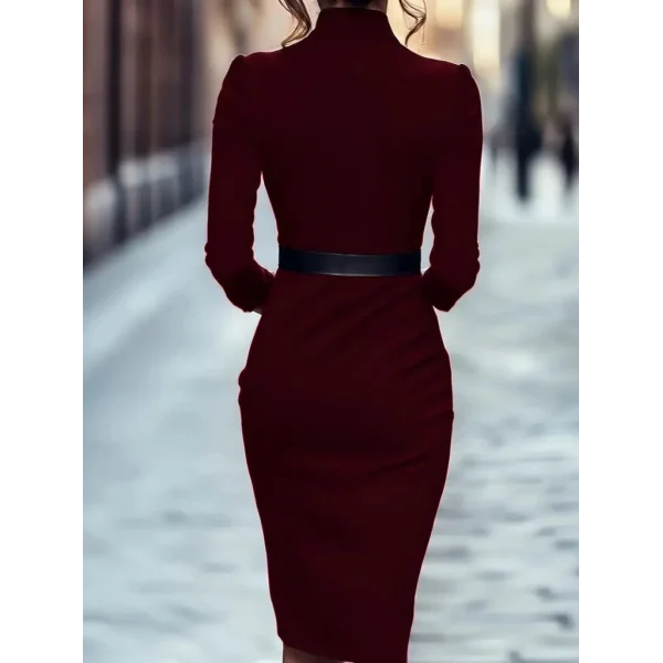Kadın Uzun Kollu Hakim Yaka Beli Kemerli Cepli Midi Ithal Krep Elbise
