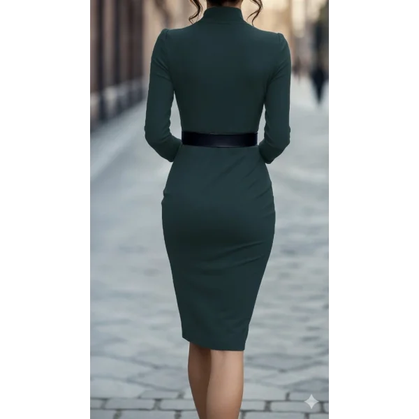 Kadın Uzun Kollu Hakim Yaka Beli Kemerli Cepli Midi Ithal Krep Elbise