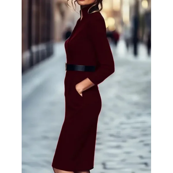 Kadın Uzun Kollu Hakim Yaka Beli Kemerli Cepli Midi Ithal Krep Elbise