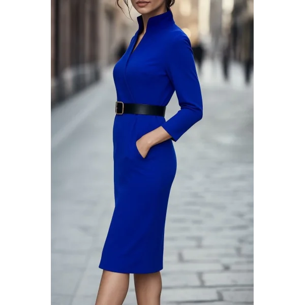 Kadın Uzun Kollu Hakim Yaka Beli Kemerli Cepli Midi Ithal Krep Elbise