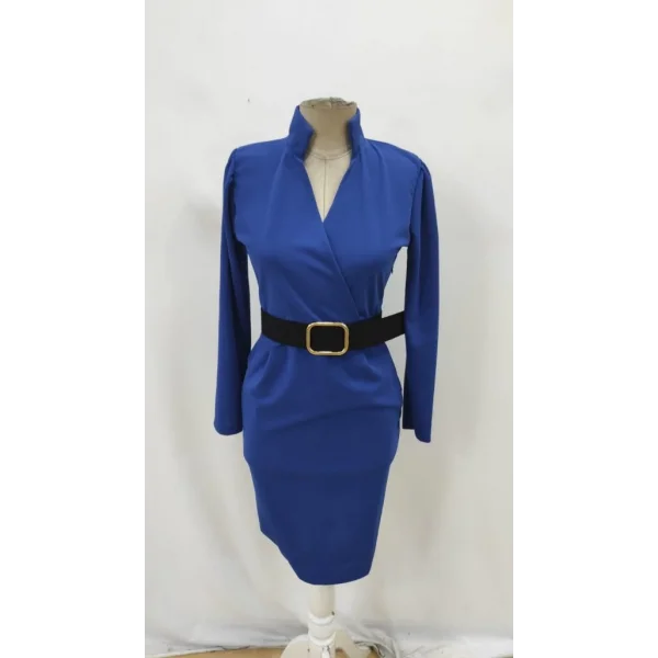 Kadın Uzun Kollu Hakim Yaka Beli Kemerli Cepli Midi Ithal Krep Elbise