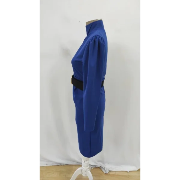 Kadın Uzun Kollu Hakim Yaka Beli Kemerli Cepli Midi Ithal Krep Elbise