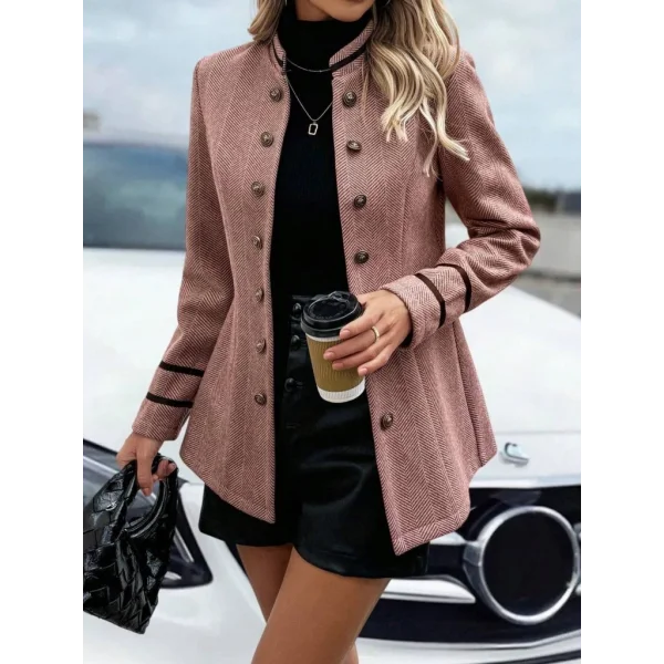 Kadın Uzun Kollu Hakim Yaka Düğme Detaylı Mini Dokuma Ceket