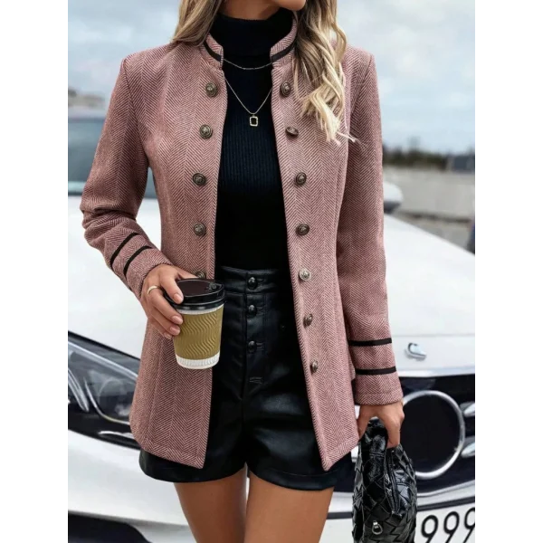Kadın Uzun Kollu Hakim Yaka Düğme Detaylı Mini Dokuma Ceket