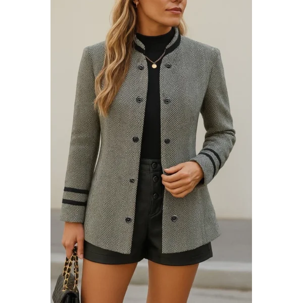 Kadın Uzun Kollu Hakim Yaka Düğme Detaylı Mini Dokuma Ceket
